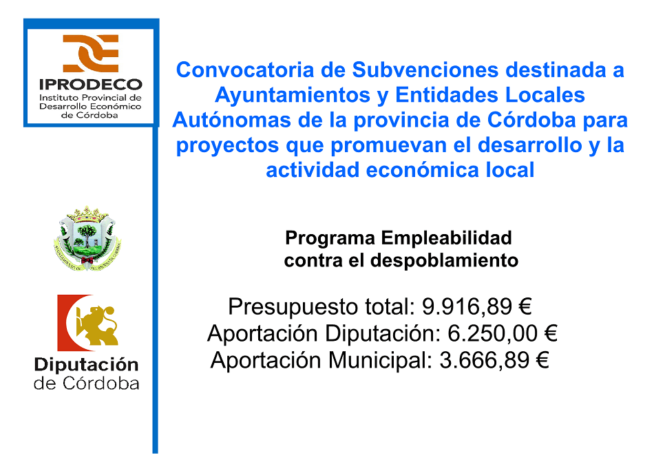 Convocatoria de Subvenciones destinada a Ayuntamientos y Entidades Locales Autónomas de la provincia de Córdoba para proyectos que promuevan el desarrollo y la actividad económica local