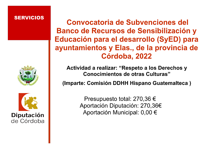 Convocatoria de Subvenciones del Banco de Recursos de Sensibilización y Educación para el desarrollo (SyED) para ayuntamientos y Elas., de la provincia de córdoba 2022