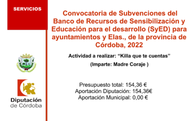 Convocatoria de Subvenciones del Banco de Recursos de Sensibilización y Educación para el desarrollo (SyED) para ayuntamientos y Elas., de la provincia de córdoba 2022