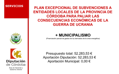 Plan Excepcional de subvenciones a Entidades Locales de la provincia de Córdoba para paliar las consecuencias económicas de la guerra de Ucrania + MUNICIPALISMO