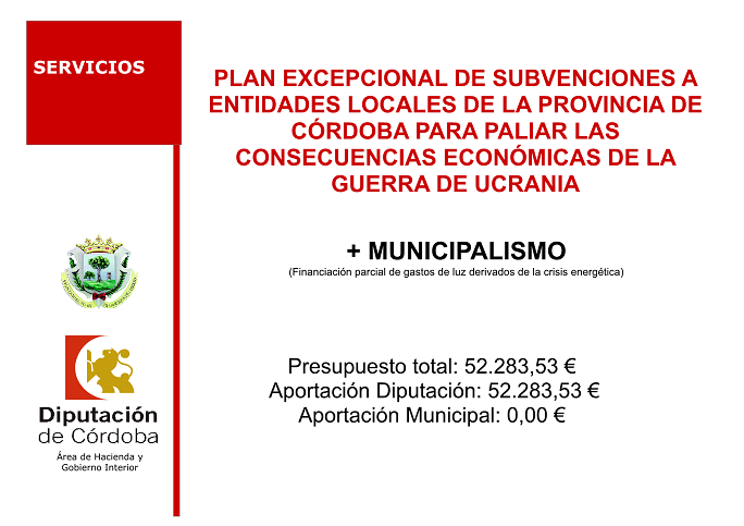 Plan Excepcional de subvenciones a Entidades Locales de la provincia de Córdoba para paliar las consecuencias económicas de la guerra de Ucrania + MUNICIPALISMO